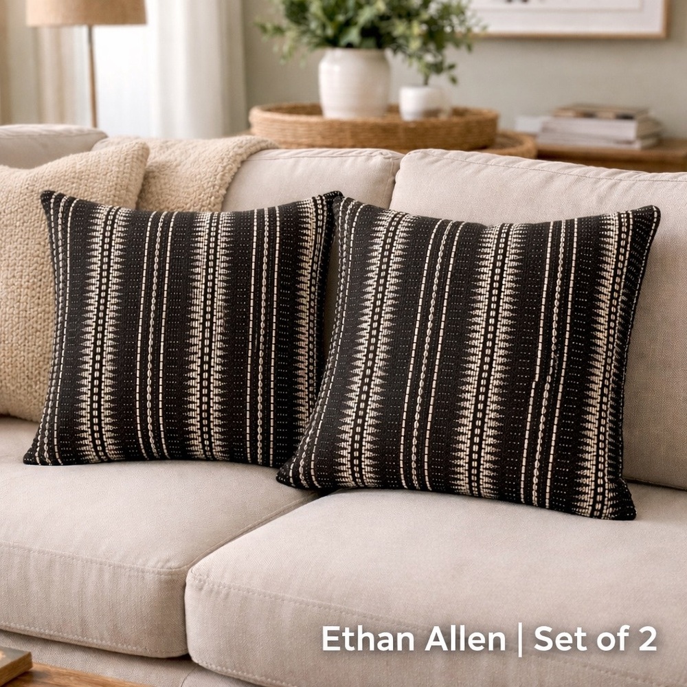 Ethan Allen Textured Silk Pillow Covers Set of 2 Black Ivory 20x20 Matte Woven